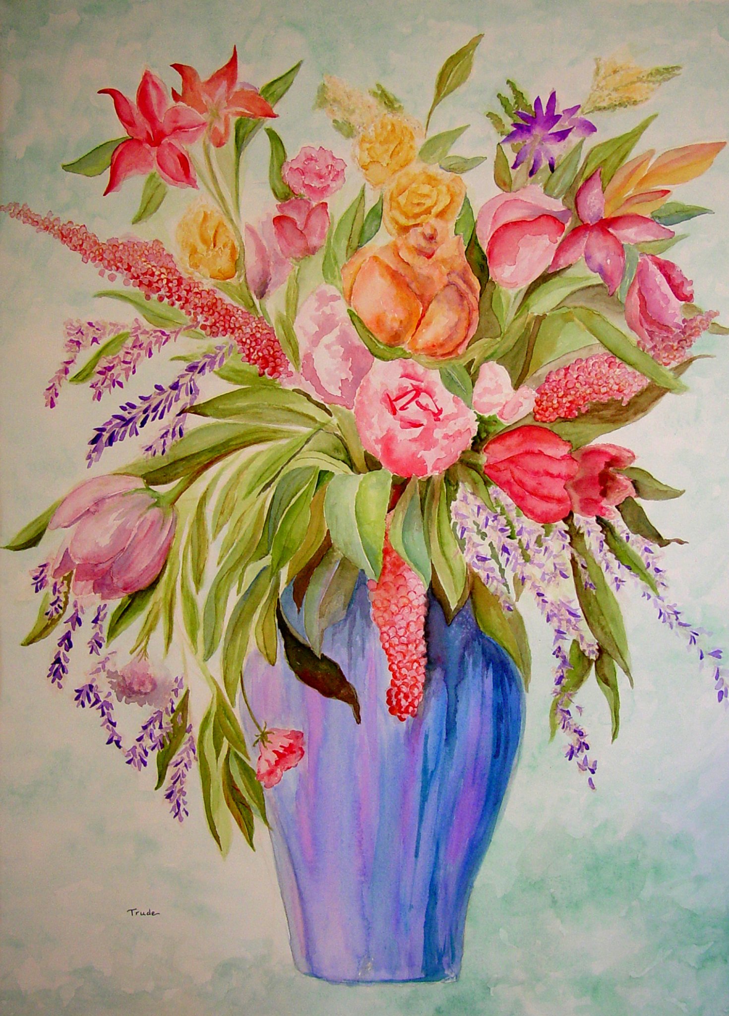 Flower arrangement in a blue vase — watercolour